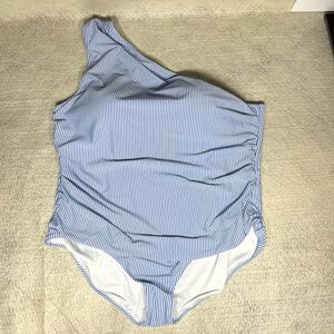 J.Crew Ruched One-Shoulder One-Piece Seersucker Stripes Size 24 BF120 WRB